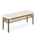 Wicker Patio Bench for 2 People 48invh Long Backless Dining Bench with Acacia Wood Seat-White