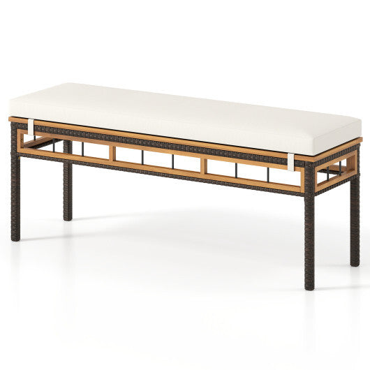 Wicker Patio Bench for 2 People 48invh Long Backless Dining Bench with Acacia Wood Seat-White