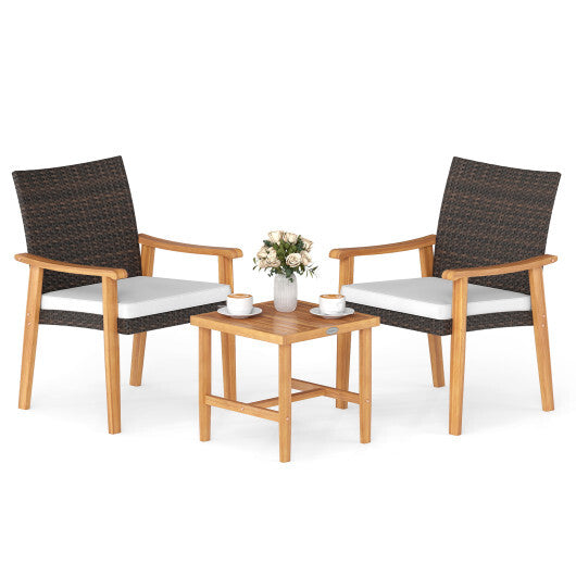 3 Pieces Patio PE Wicker Furniture Set Acacia Wood Outdoor Conversation Bistro Set-White