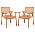 Acacia Wood Outdoor Dining Chairs Set of 2 PE Rattan Patio Chairs with Backrests and Armrests