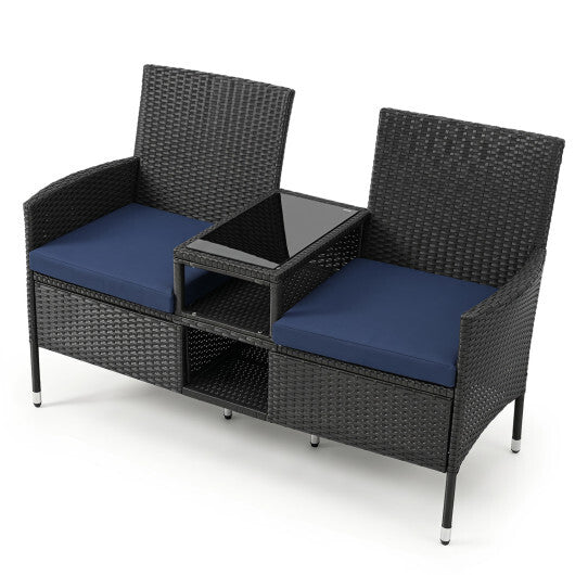 Outdoor Wicker Patio Loveseat with Built-in Glass Side Table-Black