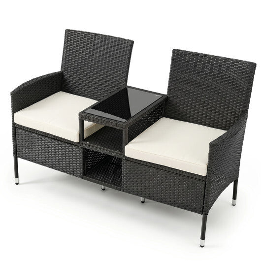 Outdoor Wicker Patio Loveseat with Built-in Glass Side Table-Black