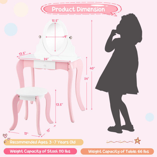 Pretend Kids Vanity Set with 360 Rotatable Mirror and Play Accessories