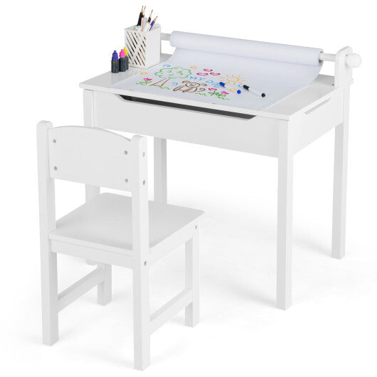 Wooden Kids Table and Chair Set with Storage and Paper Roll Holder-Gray