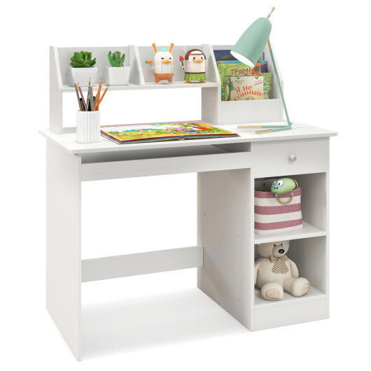 Kids Study Desk Children Writing Table with Drawer Shelves and Keyboard Tray-Natural