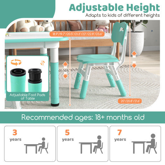 Kids Table and Chairs Set for 4 with Graffiti Desktop-Green