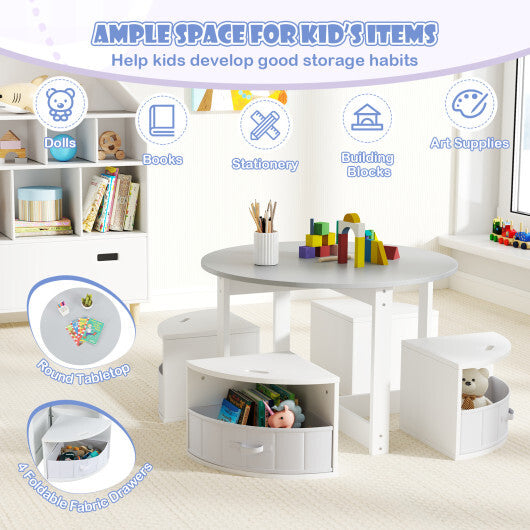 5 Piece Toddler Round Nesting Table with 4 Storage Stools for Activity-Natural