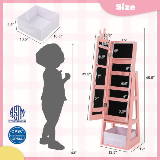 Free-Standing Full Length Kids Jewelry Armoire Cabinet with Storage Capacity-White
