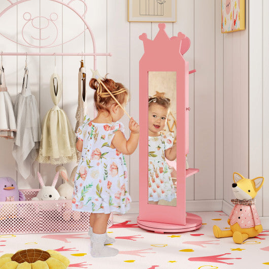 Free-Standing Full Length Mirror Kids Jewelry Armoire Cabinet-Pink