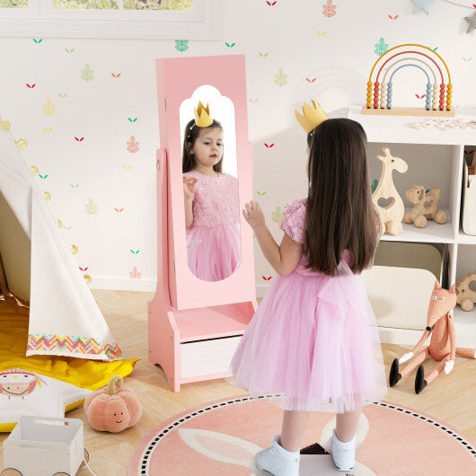 Freestanding Kids Jewelry Armoire Cabinet with Storage and 2 Tilt Angles-White