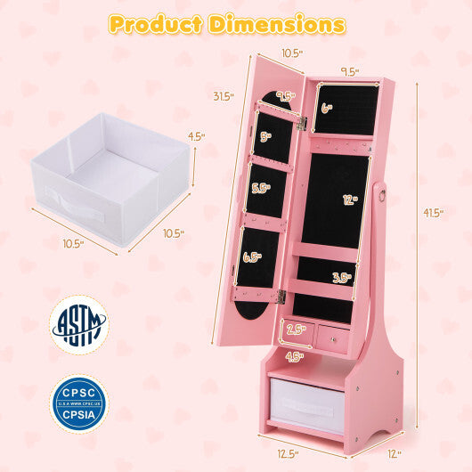 Freestanding Kids Jewelry Armoire Cabinet with Storage and 2 Tilt Angles-White