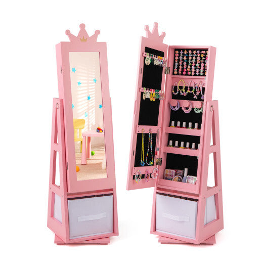 Kids Jewelry Armoire Cabinet with Large Storage Capacity and Swivel Base-Pink