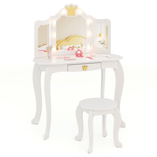 Kids Vanity Set with Tri-fold Lighted Mirror Detachable Top and Stool-Pink