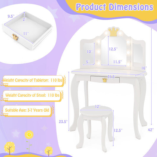 Kids Vanity Set with Tri-fold Lighted Mirror Detachable Top and Stool-Pink