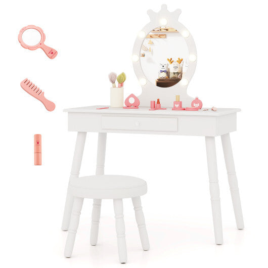Kids Vanity Set with Lighted Mirror with Adjustable Brightness and Large Drawer-Pink