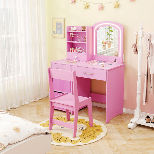 Kids Vanity Set with Lighted Mirror Makeup Desk and Chair Set with Drawers-White