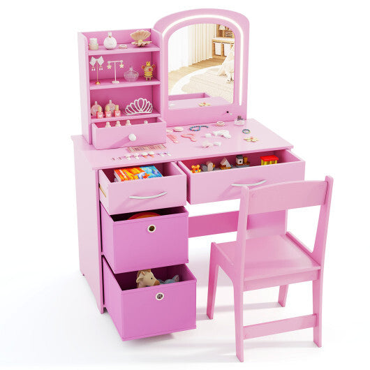 Kids Vanity Set with Lighted Mirror Makeup Desk and Chair Set with Drawers-White