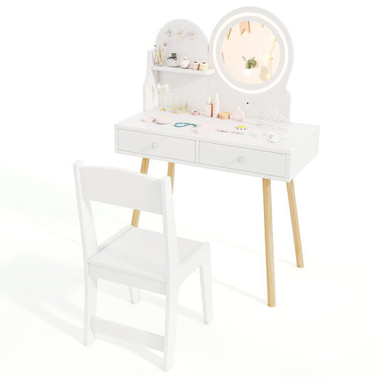 Kids Princess Makeup Dressing Desk and Chair Set with Mirror and Lights-Pink