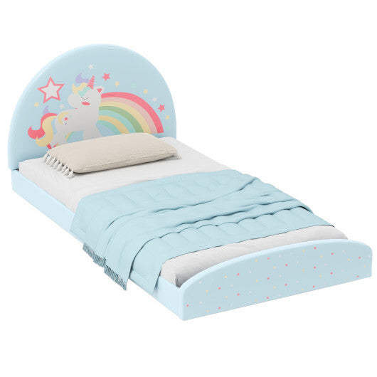 Twin Floor Bed Frame Upholstered Twin Size Kids Floor Bed with 210D Oxford Cloth Floor Mat-Blue