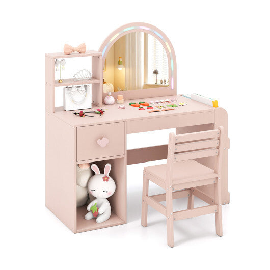 Kids Vanity Table and Chair Set with Lighted Mirror for Kids Aged 3+ Years Old-White