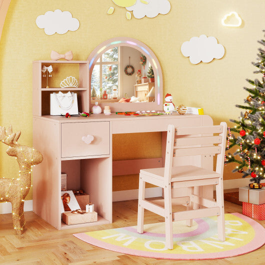 Kids Vanity Table and Chair Set with Lighted Mirror for Kids Aged 3+ Years Old-White