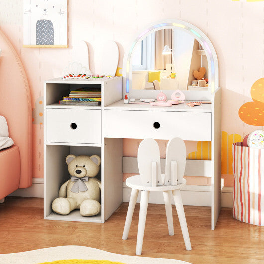 Kids Vanity Desk and Chair Set with Lights  Open Shelves-Pink