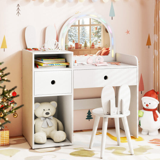 Kids Vanity Desk and Chair Set with Lights  Open Shelves-Pink