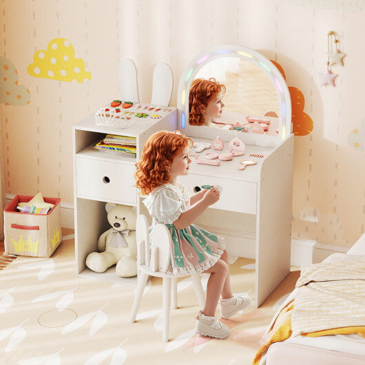Kids Vanity Desk and Chair Set with Lights  Open Shelves-Pink