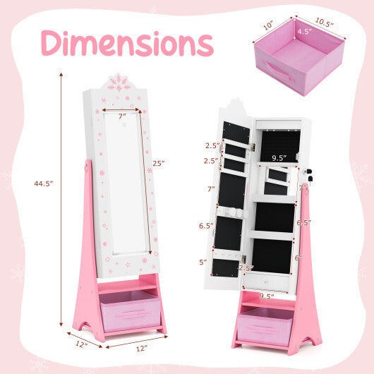 Kids Jewelry Armoire Freestanding Jewelry Cabinet with 3-Color Lighted Full Length Mirror-Pink