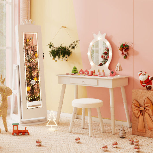 3 In 1 Kids Jewelry Cabinet with 3-Color Lighted Full Length Mirror and Internal Mirror-White