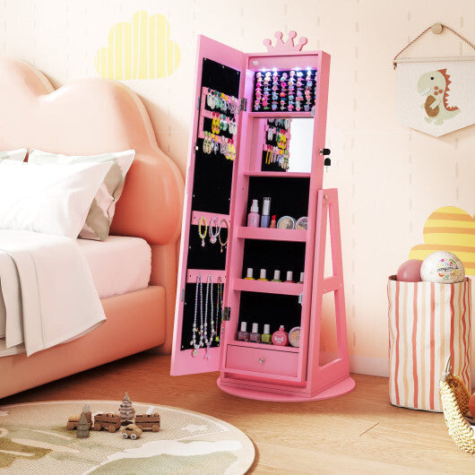 3 In 1 Kids Jewelry Cabinet with 3-Color Lighted Full Length Mirror and Internal Mirror-White