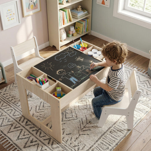 Multifunctional Kids Table and 2 Chairs Set with Chalkboard-Natural