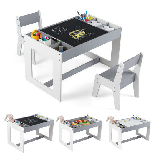 Multifunctional Kids Table and 2 Chairs Set with Chalkboard-Natural