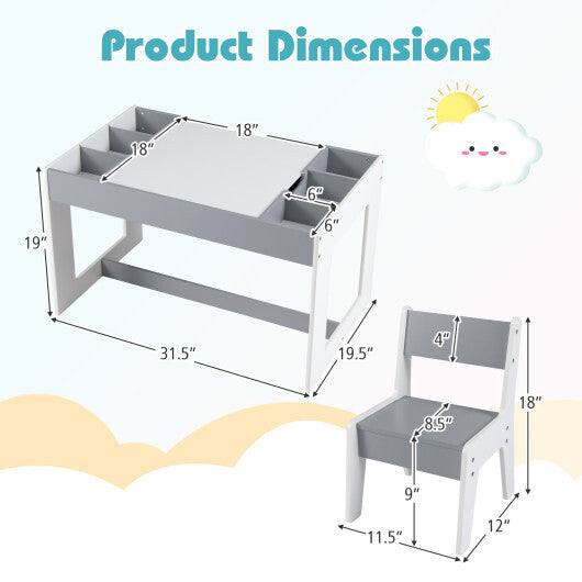 Multifunctional Kids Table and 2 Chairs Set with Chalkboard-Natural