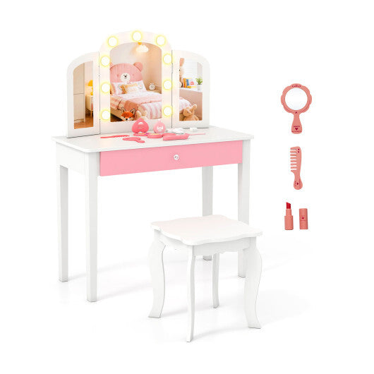 2-in-1 Kids Vanity Table Set with Tri-Folding Detachable Mirror and Lights-Pink