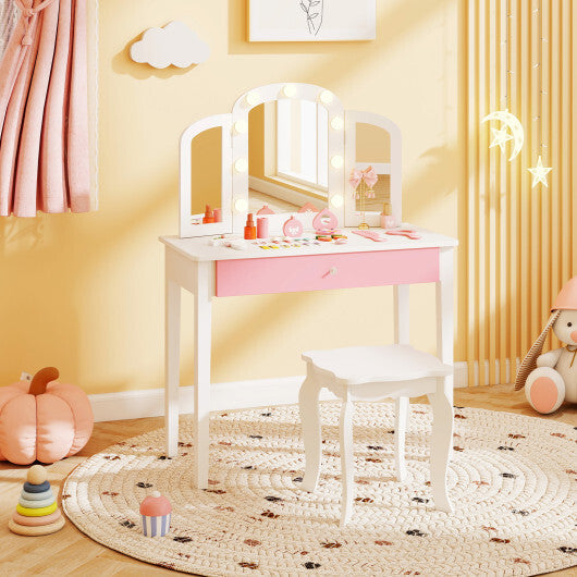 2-in-1 Kids Vanity Table Set with Tri-Folding Detachable Mirror and Lights-Pink