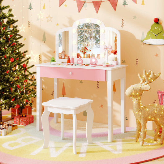 2-in-1 Kids Vanity Table Set with Tri-Folding Detachable Mirror and Lights-Pink
