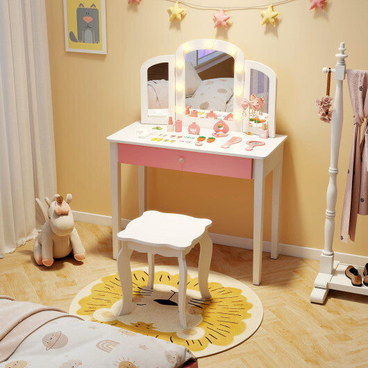 2-in-1 Kids Vanity Table Set with Tri-Folding Detachable Mirror and Lights-Pink
