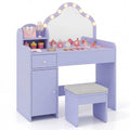 Kids Vanity Desk with Mirror and Lights Princess Pretend Play Dressing Table-Purple