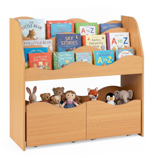 Kids Toy Wooden Storage Organizer with 2 Rolling Drawers for Kids Room-White