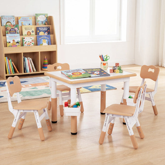Height Adjustable  Kids Table and 4 Chairs Set with Graffiti Desktop and 2 Storage Baskets-Gray