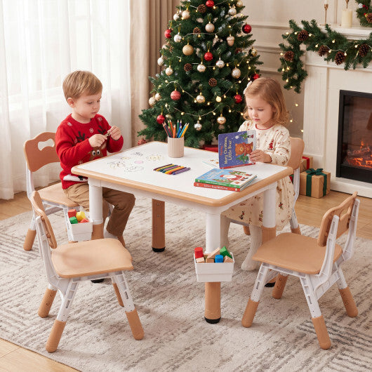Height Adjustable  Kids Table and 4 Chairs Set with Graffiti Desktop and 2 Storage Baskets-Gray