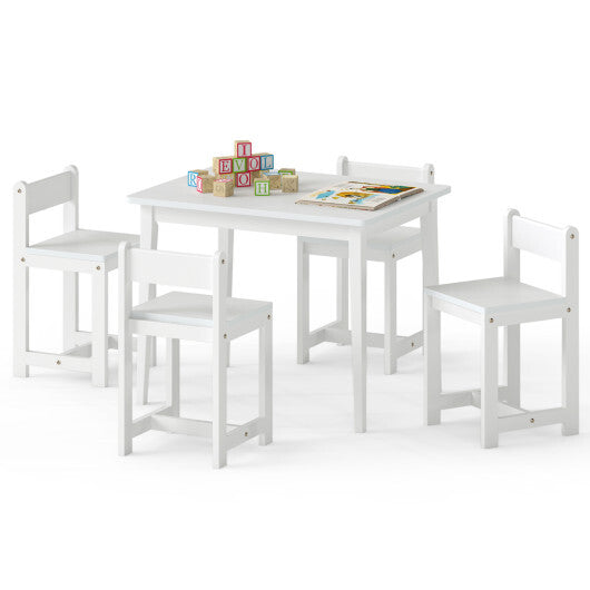 5-Piece Kids Table and Chairs Set Solid Rubber Wood Toddler Activity Table-White