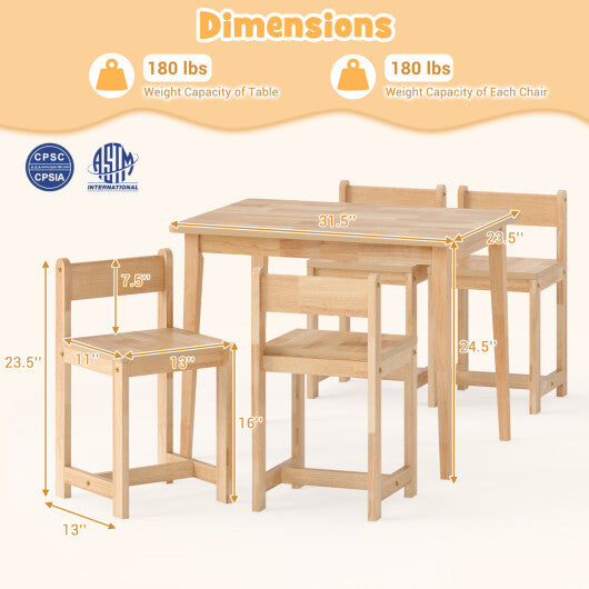 5-Piece Kids Table and Chairs Set Solid Rubber Wood Toddler Activity Table-White