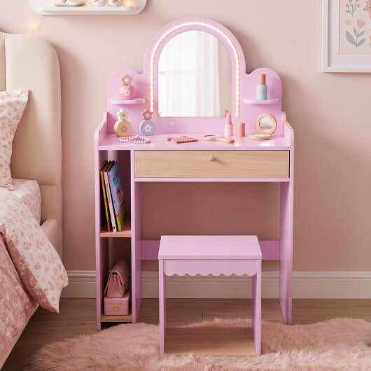 Pretend Makeup Dressing Table Set with 2 Small Shelves and Compartments-Pink