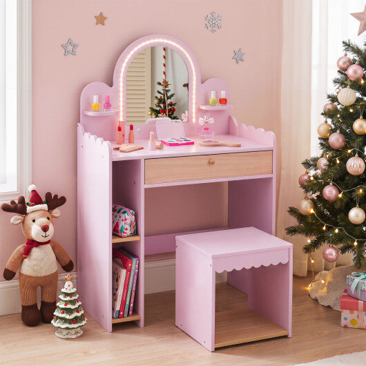 Pretend Makeup Dressing Table Set with 2 Small Shelves and Compartments-Pink