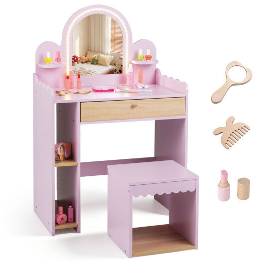 Pretend Makeup Dressing Table Set with 2 Small Shelves and Compartments-Pink