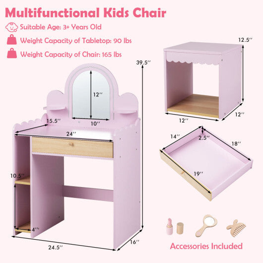 Pretend Makeup Dressing Table Set with 2 Small Shelves and Compartments-Pink
