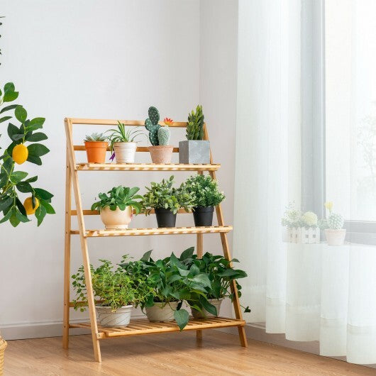 3-Tier Bamboo Foldable Plant Stand with Display Shelf Rack-Natural - Color: Natural