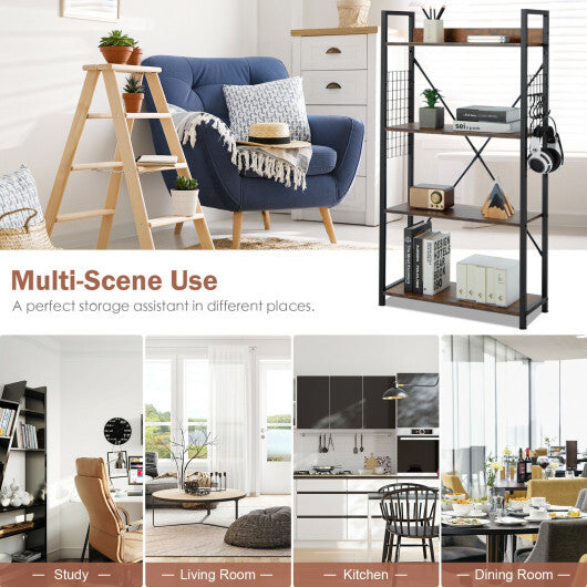 4 -Tier Industrial Open Storage Bookshelf-Coffee - Color: Dark Brown